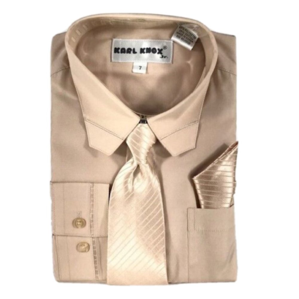 Karl Knox Boys' Khaki Dress Shirt with Matching Tie & Hanky Set Size 7